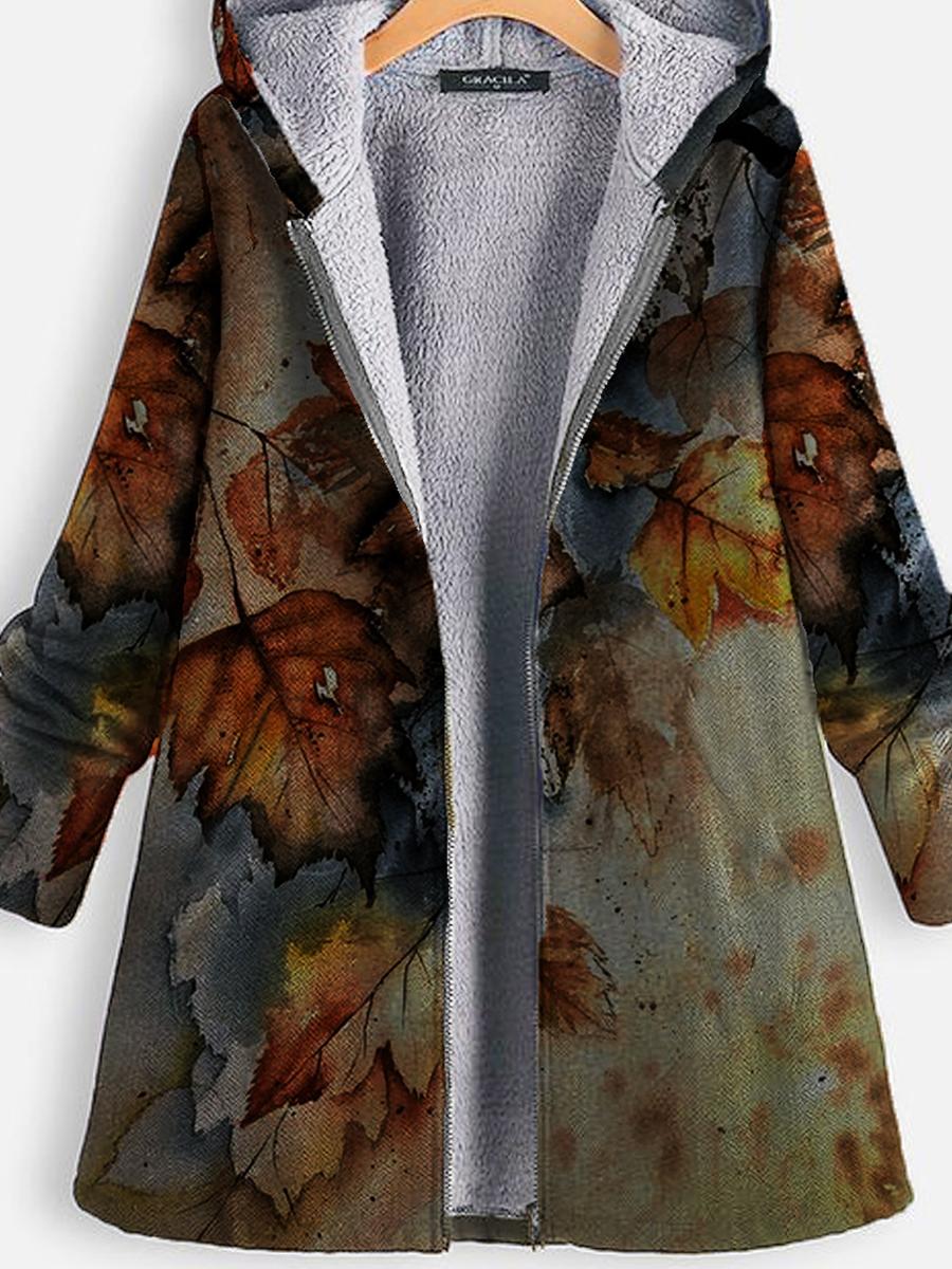 Leaf Print Plus Velvet Warm Coat