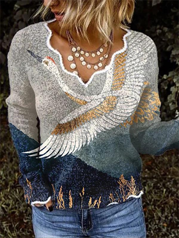 Long Sleeve With V-Neck And Crane Print T-Shirt