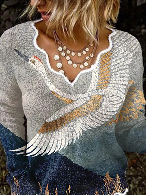 Long Sleeve With V-Neck And Crane Print T-Shirt