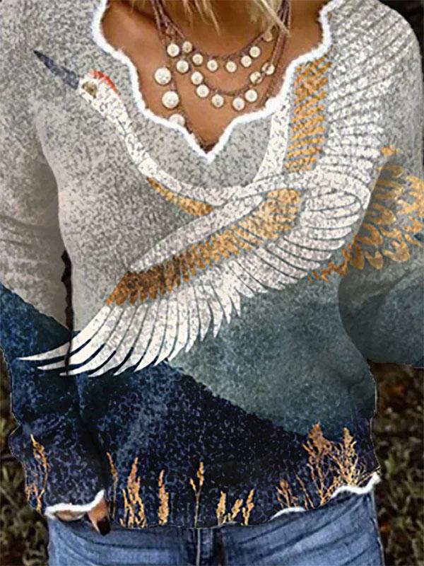 Long Sleeve With V-Neck And Crane Print T-Shirt