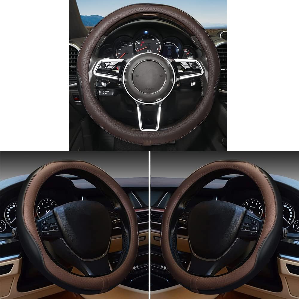 Gomass Car Steering Wheel Cover, Anti-Slip, Safety, Soft, Breathable, Heavy Duty, Thick, Full Surround, Sports Style (Black Brown)