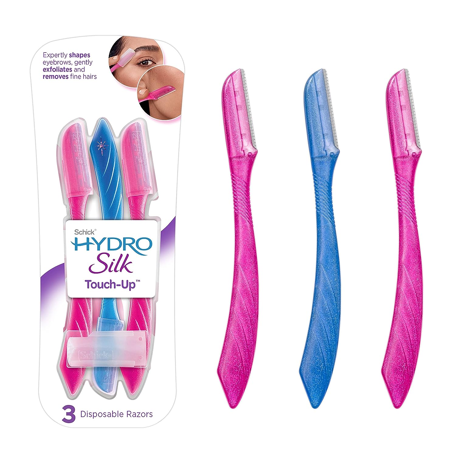 Schick Hydro Silk Touch-Up Exfoliating Dermaplaning Tool, Face &amp; Eyebrow Razor with Precision Cover- 3 Count | Dermaplaning Razor For Women