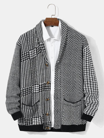 mens houndstooth pattern patchwork lapel button front knit casual cardigans