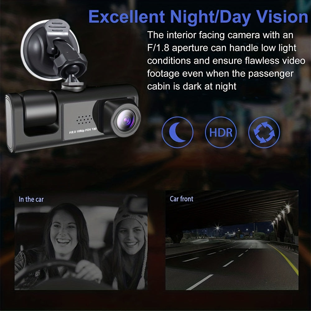 1080P 2 Cameras Dash Cam W/ IR Night Vision, Loop Recording &amp; 2" IPS Screen