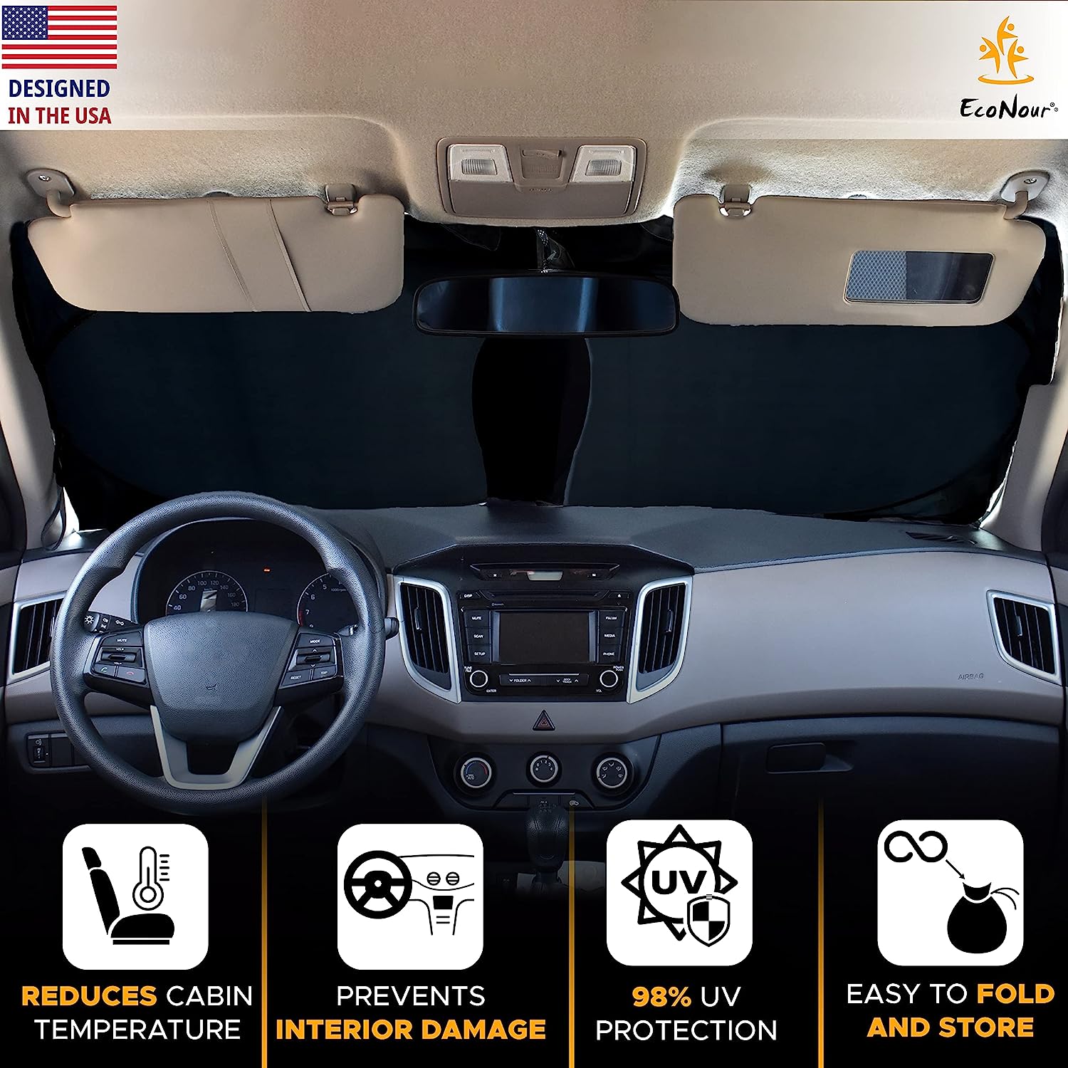 EcoNour Foldable Sunshade for Car Windshield | Dashboard Shield for Your Vehicle | Auto Window Shades for UV Rays and Sun Screen Protection | Suits for Most Sedans, SUVs, and Vans