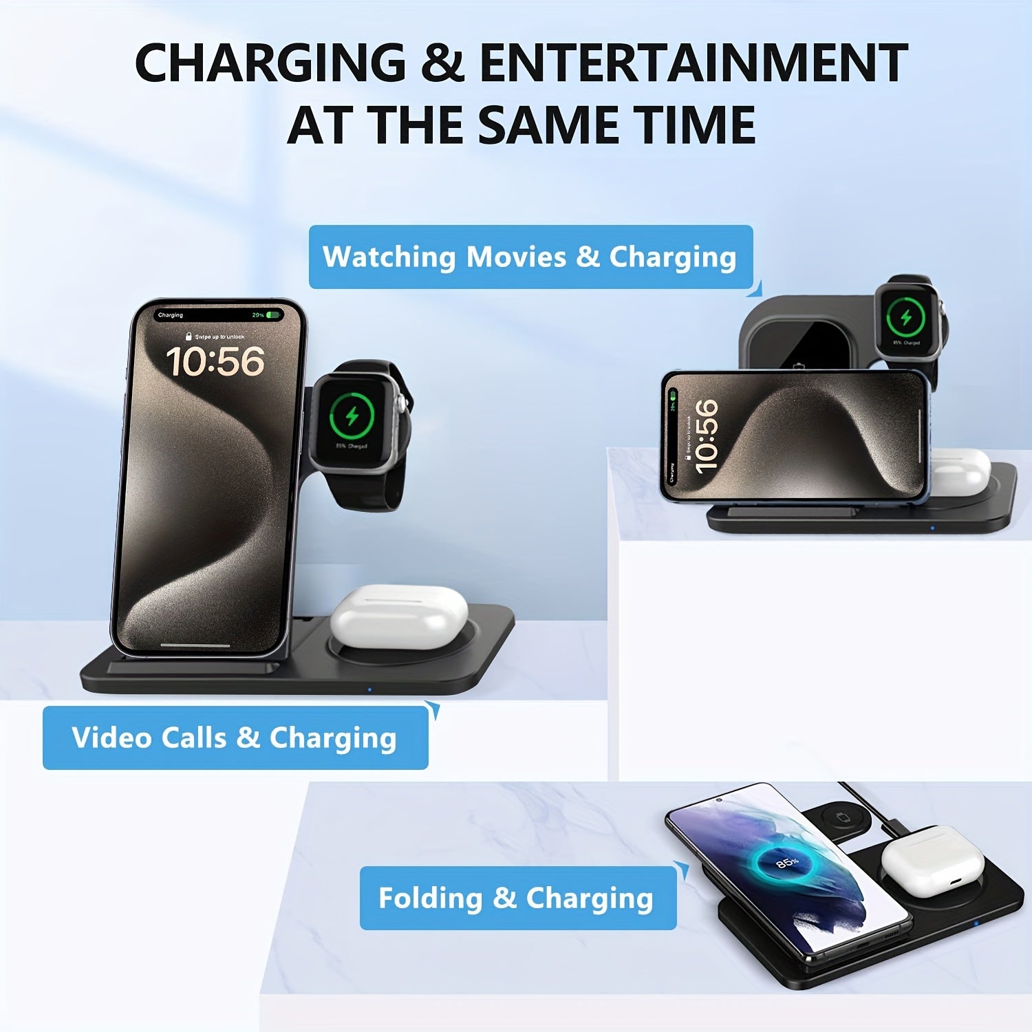 Wireless Charging Station For  Multiple Devices Foldable 3 In 1 Fast Charger Station Stand Dock For IWatch Series 8, 7, 6, SE, 5, 4, 3, 2, Airpods Pro 3, 2,  14Pro, 14, 13, Pro Max, 13 ,12, 11 Pro, X ,Max ,XS, XR, 8