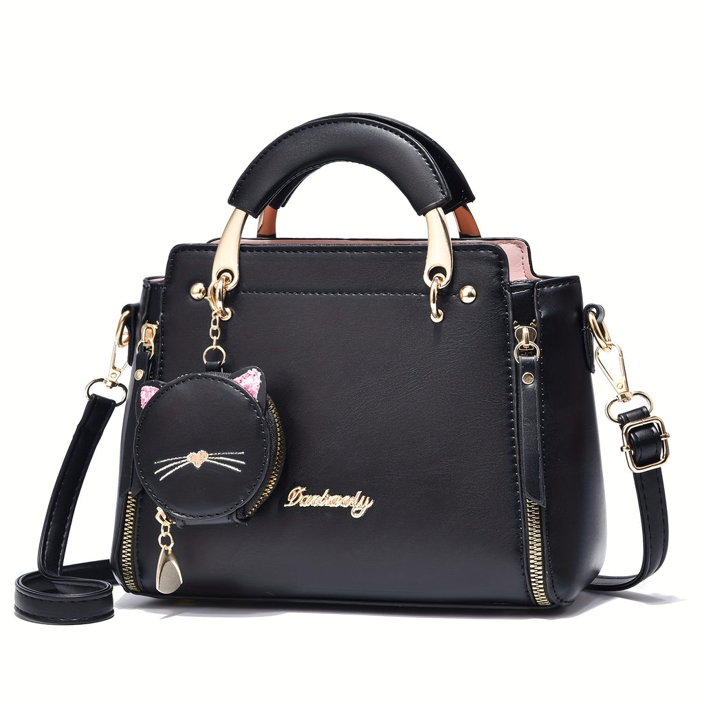 Letter Decor Hand Satchel Bag, Stylish Shoulder Zipper Bag With Mini Coin Purse, Crossbody Bag For Work