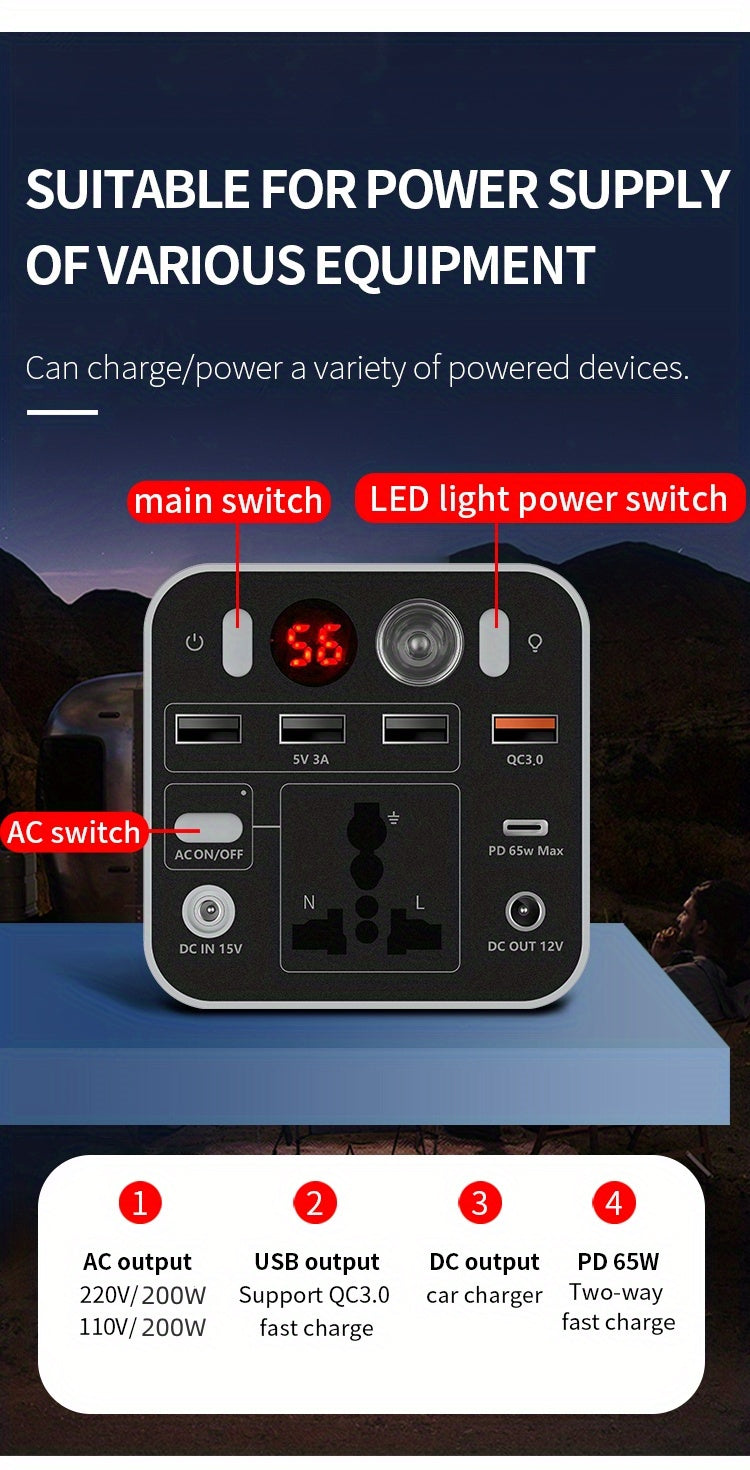 53000mAh Camping Battery Power Station, 198wh Portable Power Bank, With 110V AC Outlet, DC/PD Twoway Fast Charge, Outdoor Generator, LED Light, 4 USB