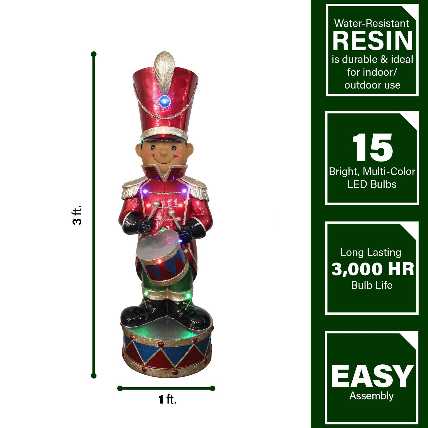 Fraser Hill Farm African American Nutcracker with Drum Figurine, 35 Inches Tall | Resin Soldier with LED Lights | Great Christmas Decor for Living Room, Kitchen, or Den | Red | FFRS035-1SOL-RDAA