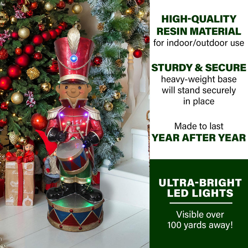 Fraser Hill Farm African American Nutcracker with Drum Figurine, 35 Inches Tall | Resin Soldier with LED Lights | Great Christmas Decor for Living Room, Kitchen, or Den | Red | FFRS035-1SOL-RDAA