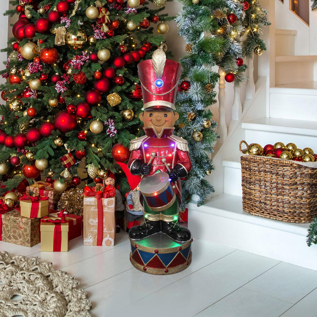 Fraser Hill Farm African American Nutcracker with Drum Figurine, 35 Inches Tall | Resin Soldier with LED Lights | Great Christmas Decor for Living Room, Kitchen, or Den | Red | FFRS035-1SOL-RDAA
