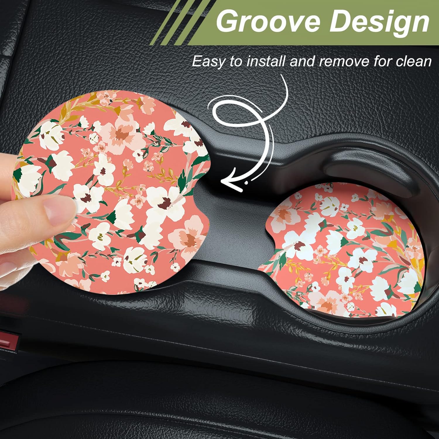 Nipichsha Car Cup Holder Coasters, Car Coasters for Cup Holders, 2 Pack Universal Anti Slip Insert Coasters, Rubber Car Cup Mat with A Finger Notch, Cute Car Interior Accessories for Women (Rosemary)