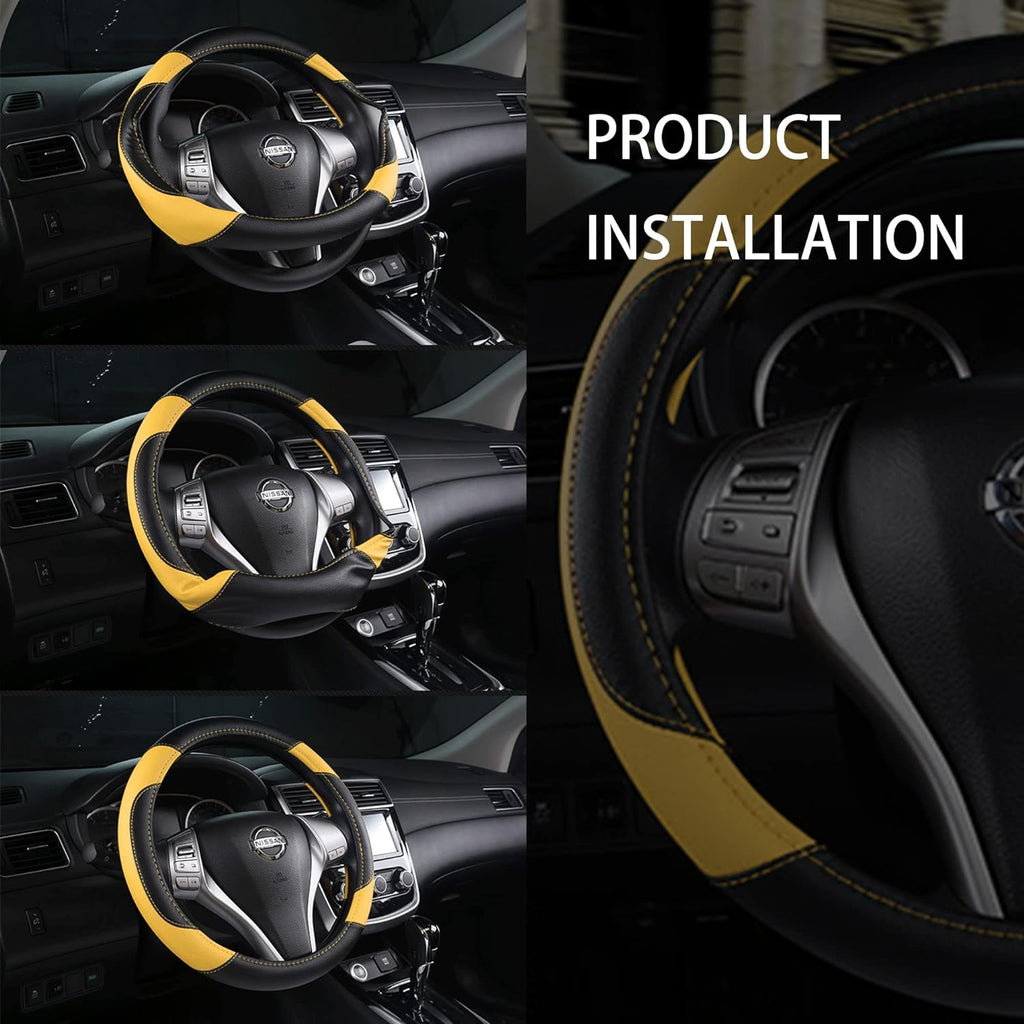 Leather Car Steering Wheel Cover, Non-Slip Car Wheel Cover Protector Breathable Microfiber Leather Universal Fit for Most Cars (Black&amp;Yellow)