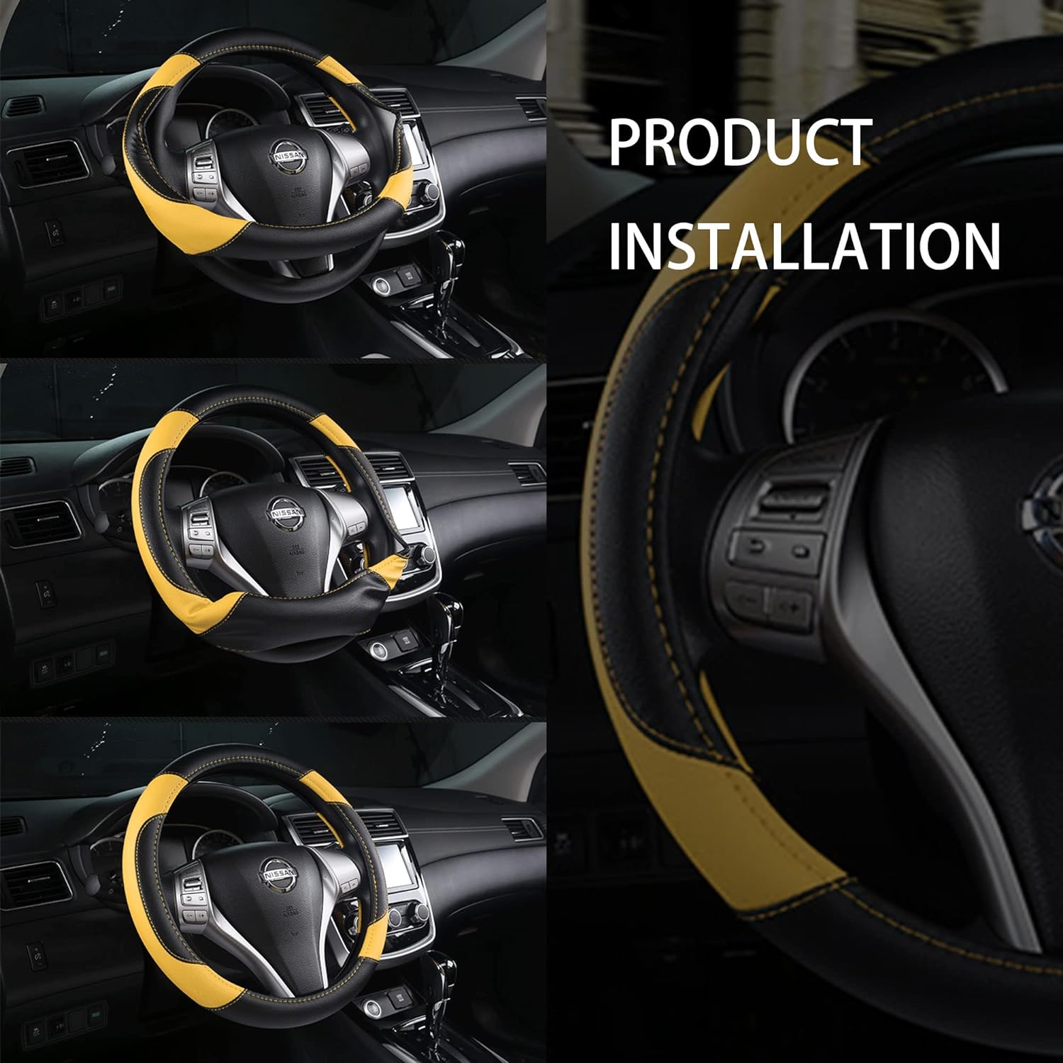 Leather Car Steering Wheel Cover, Non-Slip Car Wheel Cover Protector Breathable Microfiber Leather Universal Fit for Most Cars (Black&amp;Yellow)