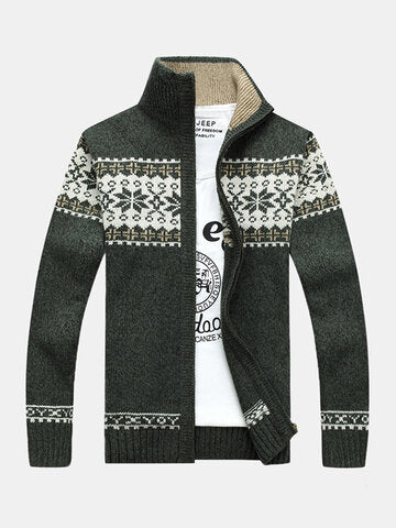 mens tribal style zipper stand collar casual knitted sweater cardigan