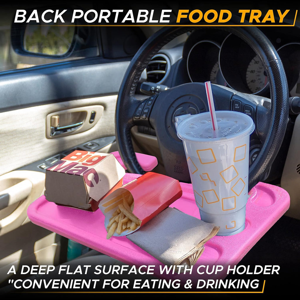 EcoNour 2 in 1 Car Steering Wheel Desk | Steering Wheel Tray for Laptop and Food | Pink Car Table Tray for Eating with Drinks Holder | Pink Car Accessories