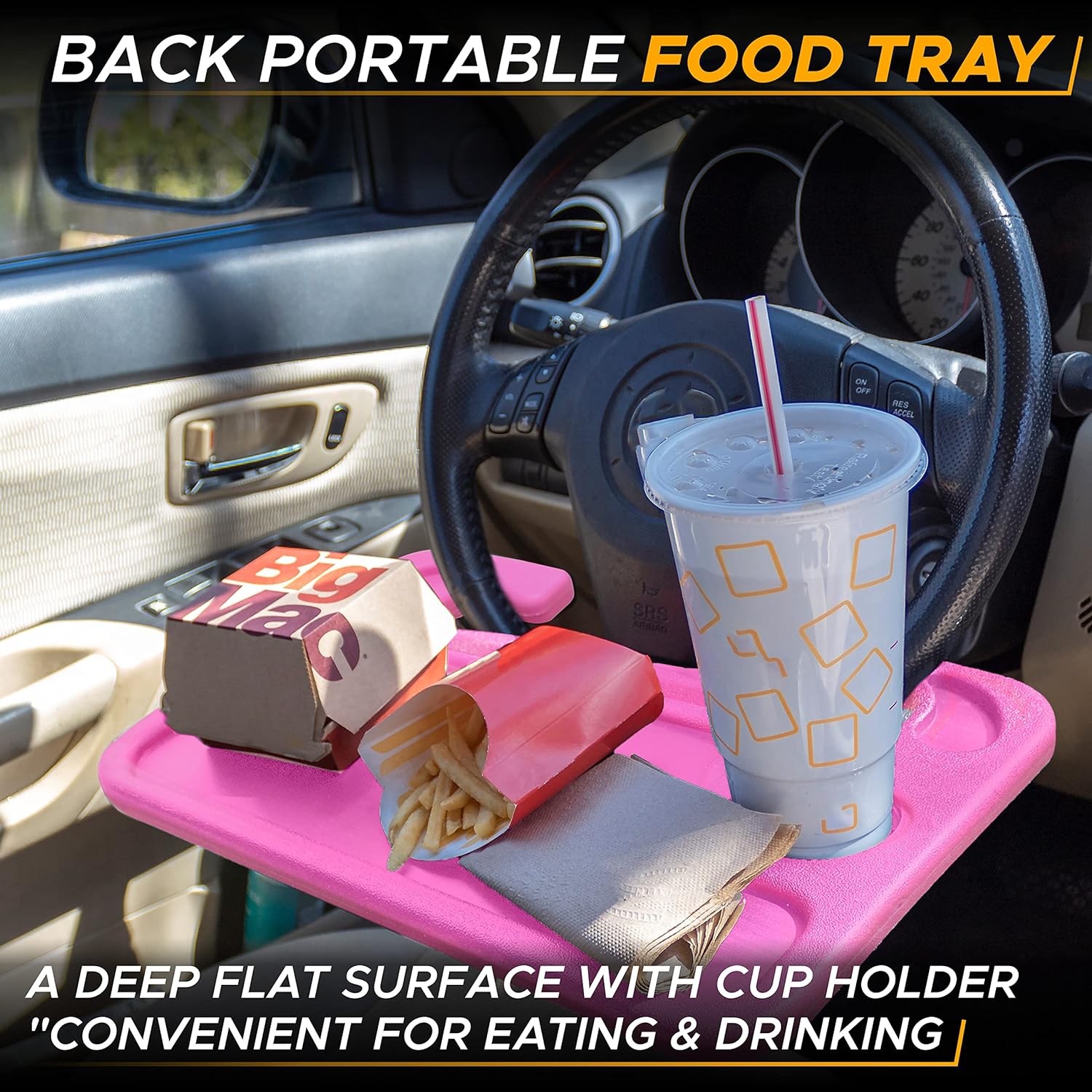 EcoNour 2 in 1 Car Steering Wheel Desk | Steering Wheel Tray for Laptop and Food | Pink Car Table Tray for Eating with Drinks Holder | Pink Car Accessories