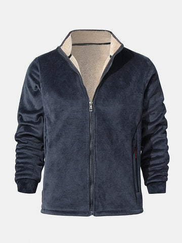 mens thicken fleece lined velour stand collar solid warm overcoats with pocket