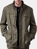 stand collar pockets cotton waist drawstring military solid color jacket for men
