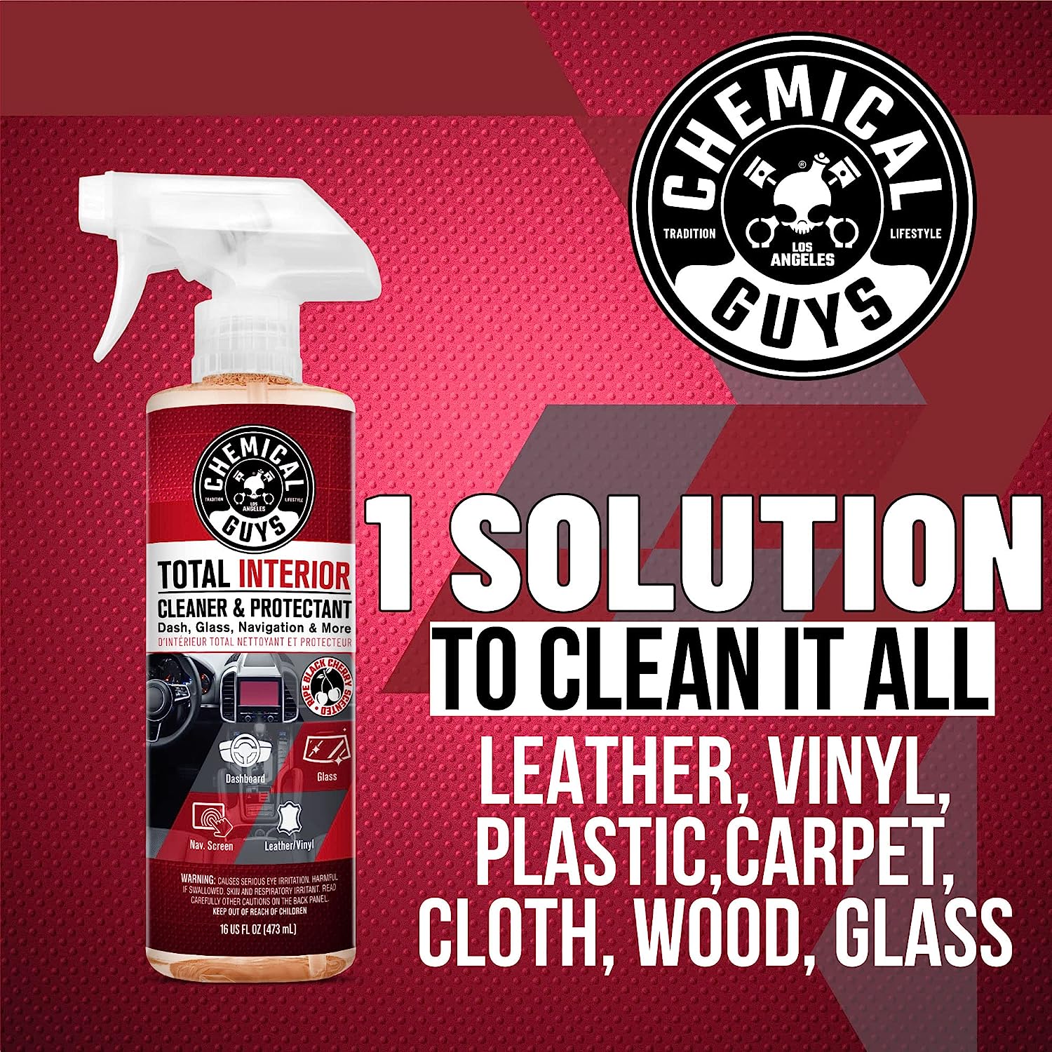 Chemical Guys SPI22516 Total Interior Cleaner &amp; Protectant (Safe on Dash, Leather, Vinyl, Plastics, Trim, Glass, Fabric &amp; More), 16 fl oz (Black Cherry Scent)