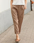 casual solid pocket elastic waist linen pants