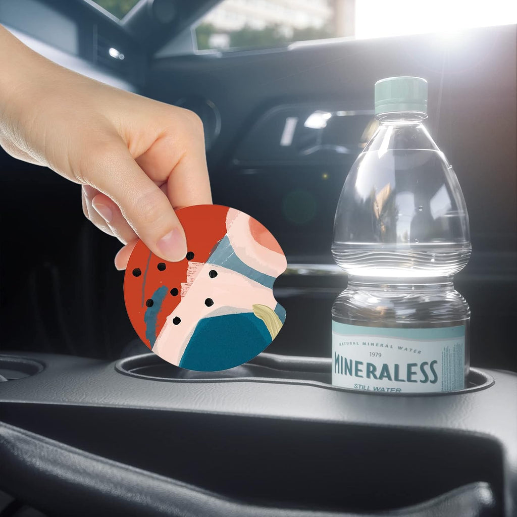 Nipichsha Car Cup Holder Coasters, Car Coasters for Cup Holders, 2 Pack Anti Slip Insert Coasters, Rubber Car Cup Mat with A Finger Notch, Cute Car Interior Accessories for Women Men (Morandi Art)