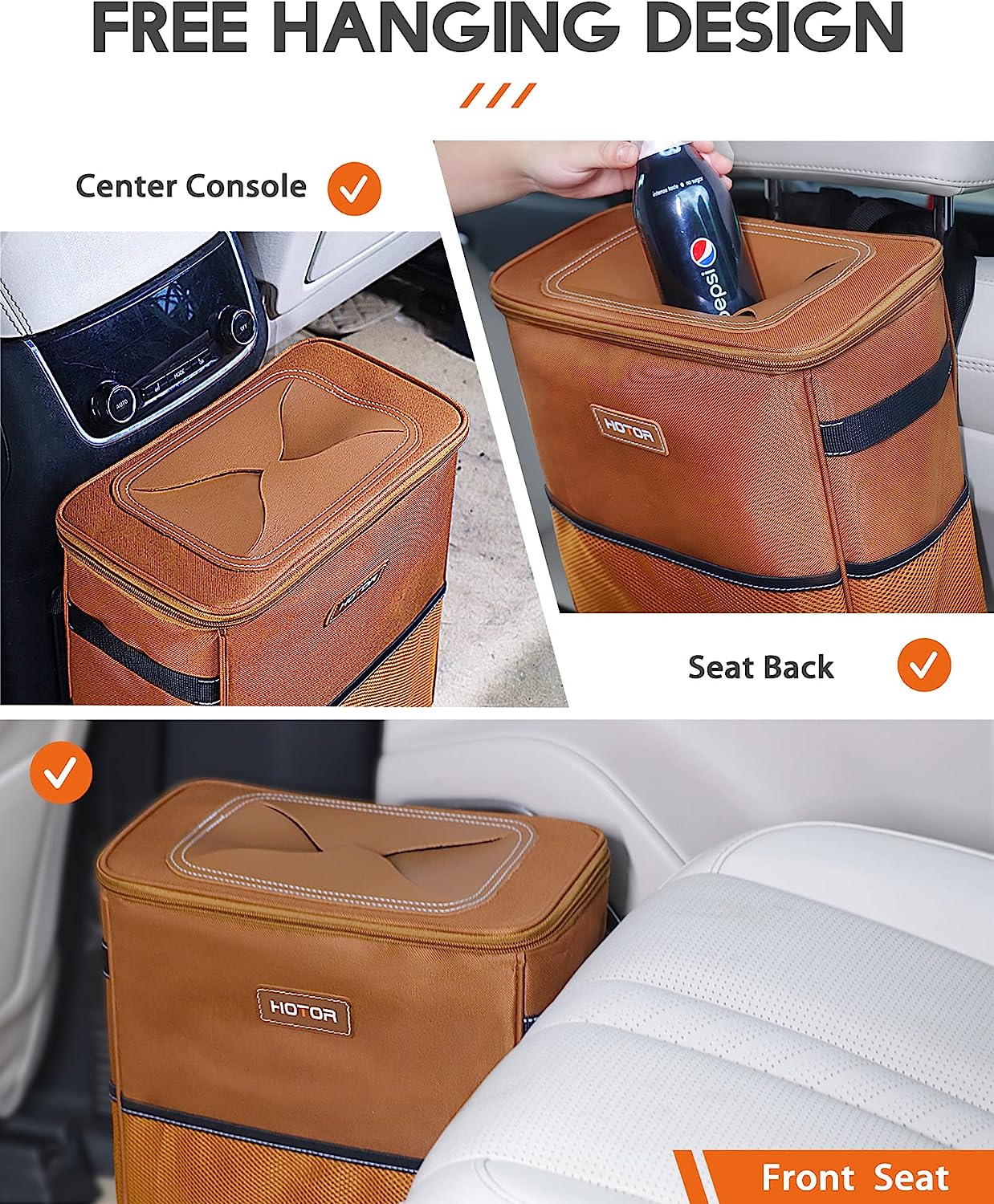 HOTOR Car Trash Can, 3-Gallon Ultra-Large Car Garbage Can, 100% Leakproof &amp; Waterproof Trash Can for Car, Multipurpose Car Trash Bin with Adjustable Straps, Magnetic Buckles, Mesh Pockets (Brown)