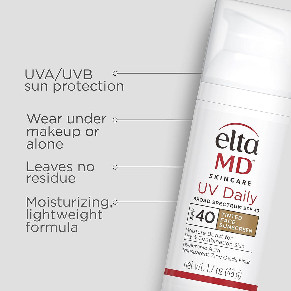 EltaMD UV Daily Tinted Sunscreen with Zinc Oxide, SPF 40 Face Sunscreen Moisturizer, Helps Hydrate Skin and Decrease Wrinkles, Lightweight Face Sunscreen, Absorbs Into Skin Quickly, 1.7 oz Pump