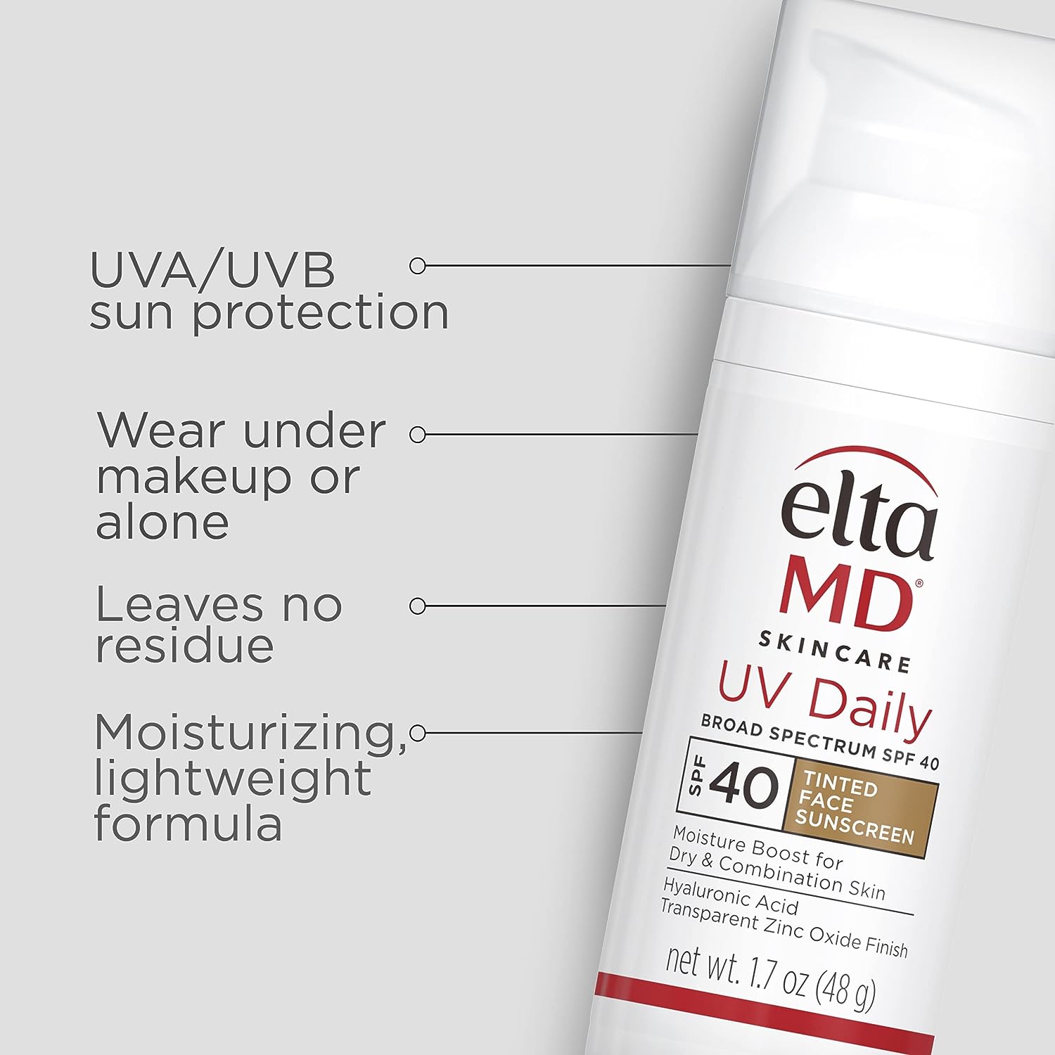 EltaMD UV Daily Tinted Sunscreen with Zinc Oxide, SPF 40 Face Sunscreen Moisturizer, Helps Hydrate Skin and Decrease Wrinkles, Lightweight Face Sunscreen, Absorbs Into Skin Quickly, 1.7 oz Pump