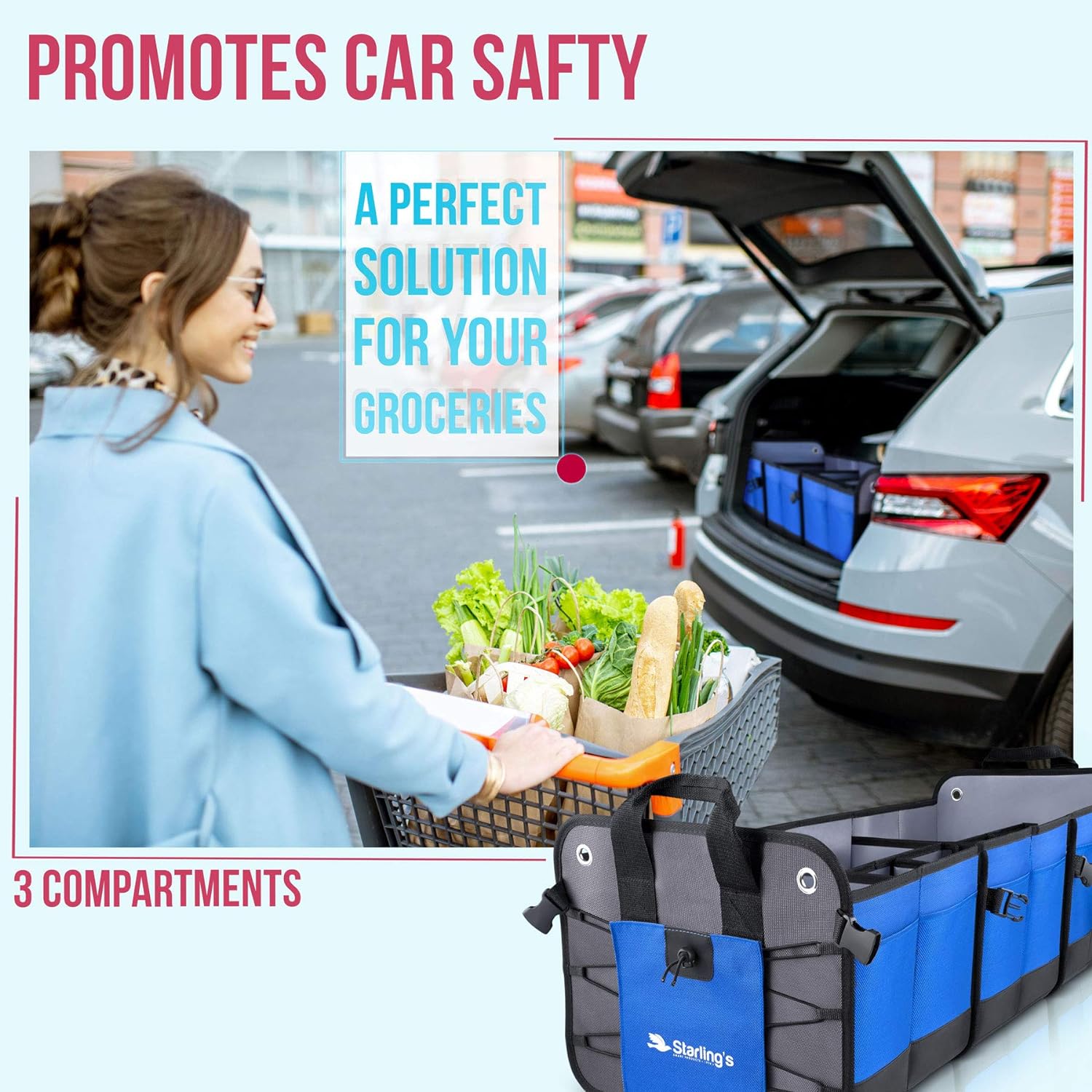 Starling's Car Trunk Organizer - Durable Storage SUV Cargo Organizer Adjustable (Blue, 3 Compartments)