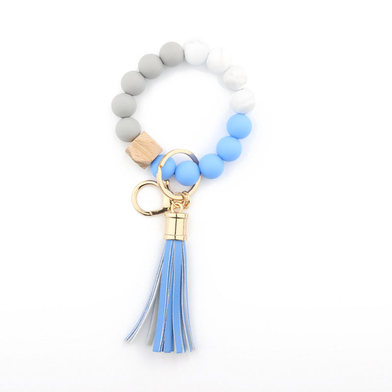 Silicone Beaded Bracelet Keychain, Key Ring Bangle Wristlet Keychain With Faux Leather Tassel For Women/Girls