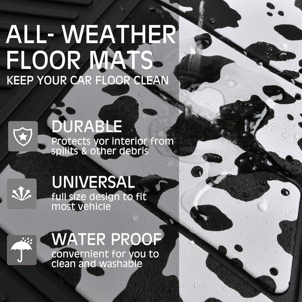 CAR PASSHeavy Duty Rubber Floor Mats Cow Print Car Mats 4-Piece Car Mat Set - Universal Waterproof Floor Mats for Car SUV Truck, Durable All-Weather Mats