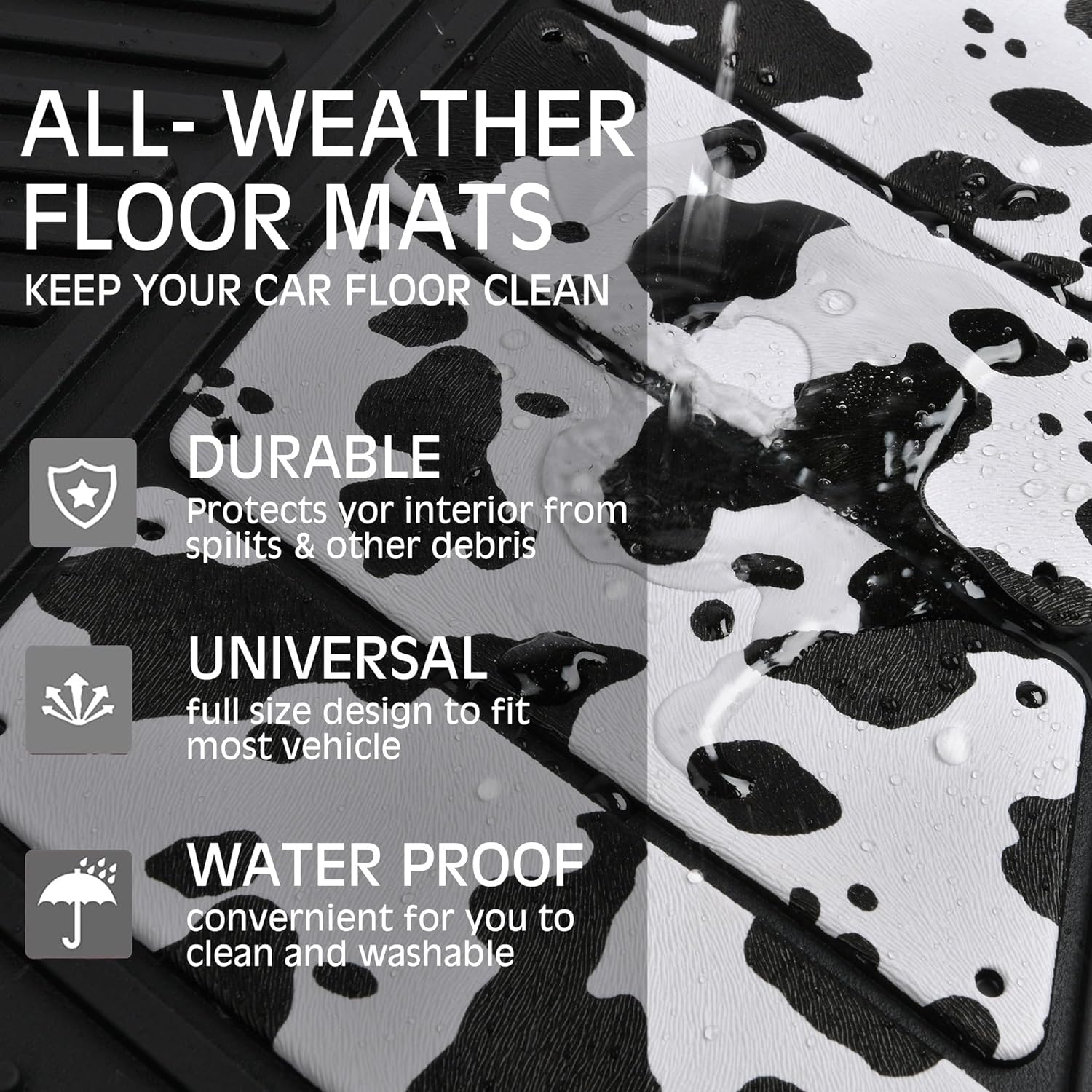 CAR PASSHeavy Duty Rubber Floor Mats Cow Print Car Mats 4-Piece Car Mat Set - Universal Waterproof Floor Mats for Car SUV Truck, Durable All-Weather Mats