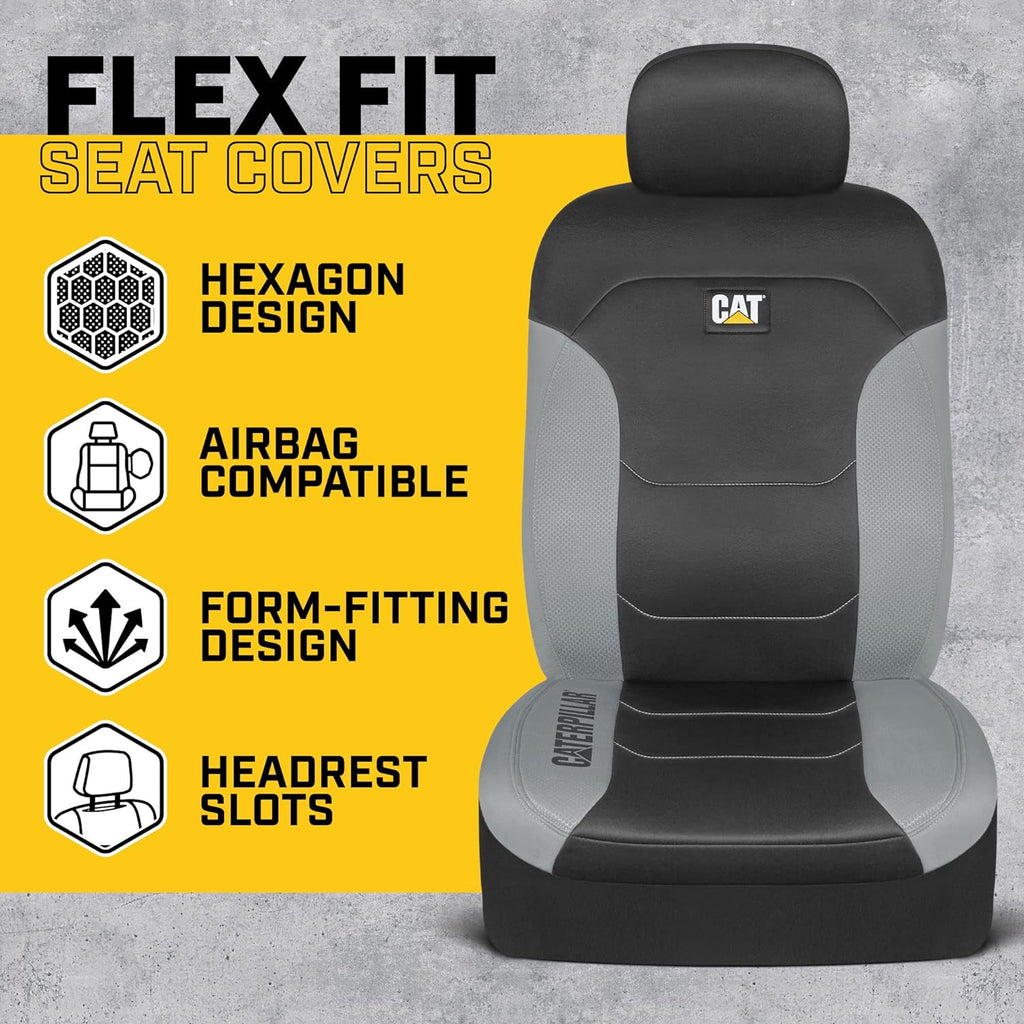 Caterpillar Flexfit Automotive Seat Covers for Cars Trucks and SUVs (Set of 2) – Black Seat Covers for Front Seats, Seat Protectors with Gray Honeycomb Trim, Auto Interior Covers