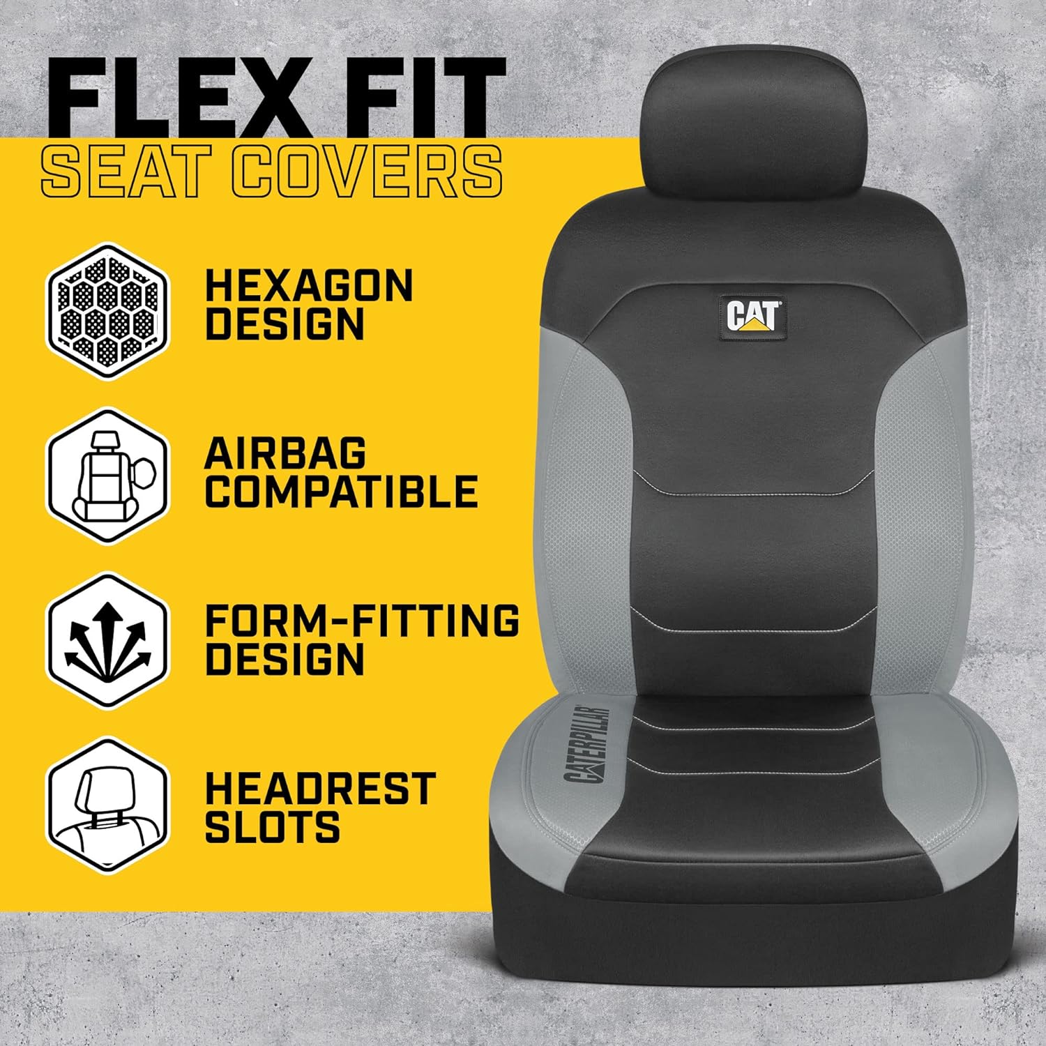 Caterpillar Flexfit Automotive Seat Covers for Cars Trucks and SUVs (Set of 2) – Black Seat Covers for Front Seats, Seat Protectors with Gray Honeycomb Trim, Auto Interior Covers