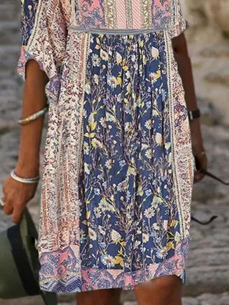V-neck Floral Print Loose Casual Long-sleeved Shift Dress