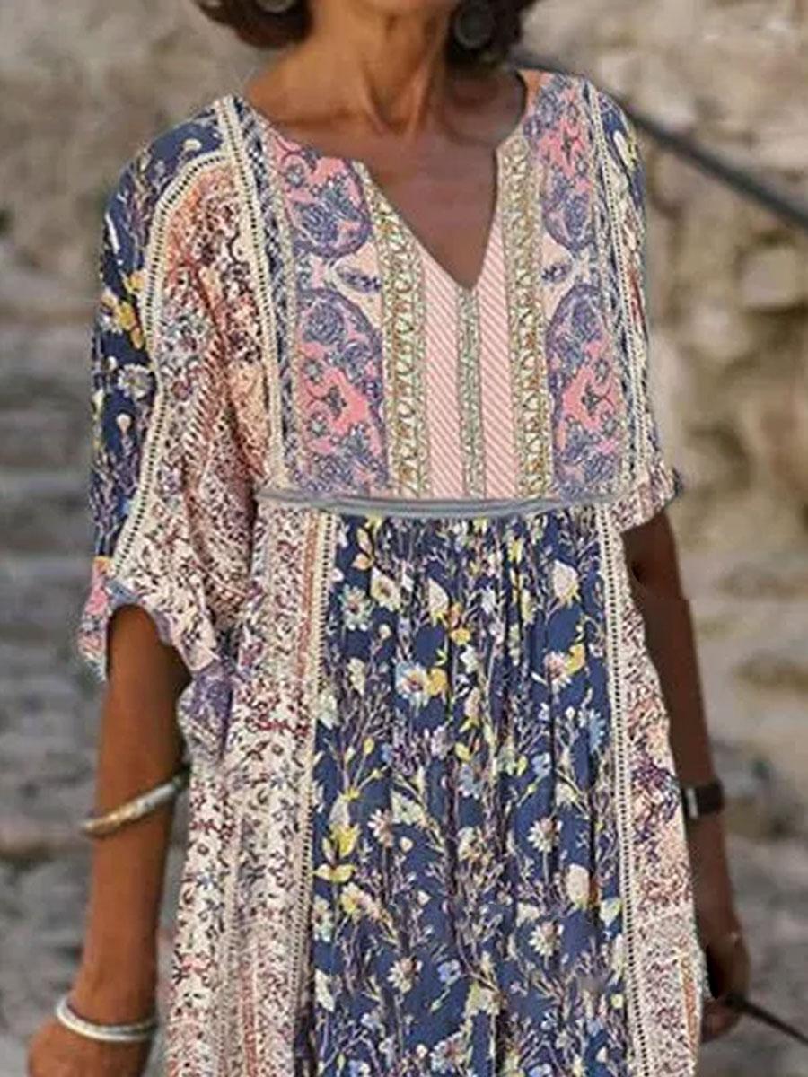 V-neck Floral Print Loose Casual Long-sleeved Shift Dress