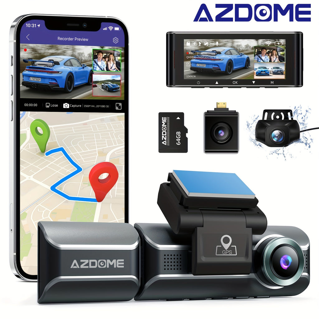 AZDOME M550 Dash Cam 3 Channel, 4K+1080P Dual , In WiFi GPS, With 64GB SD Card, ParMonitoring, Loop Recording,G-sensor Ultra HD Car Cam
