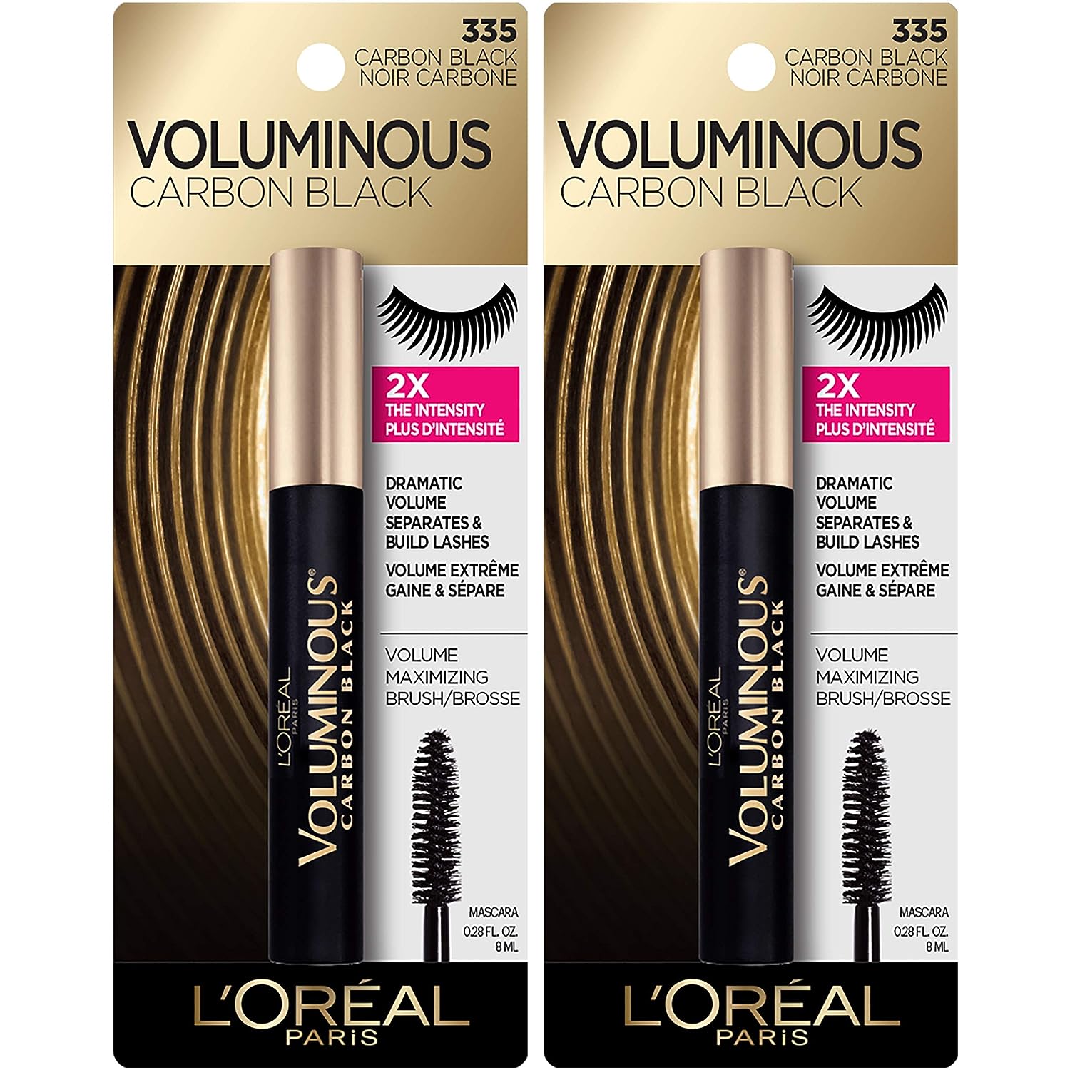 L'Oreal Paris Makeup Voluminous Original Washable Bold Eye Volume Building Mascara, Builds Lashes up to 2X Natural Thickness, Smudge Free, Clump Free, Carbon Black, 2 count