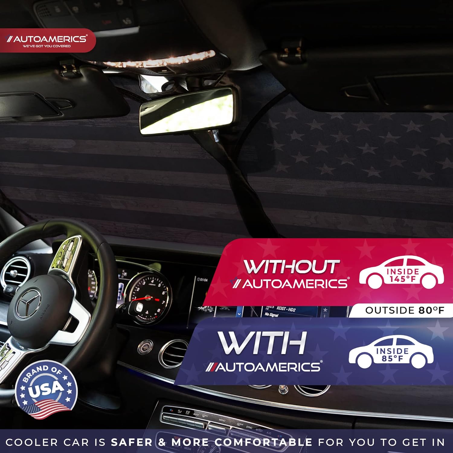 Autoamerics 1-Piece Windshield Sun Shade Brown Camo American Flag USA  - Foldable Car Front Window Sunshade for Most Sedans SUV Truck - Blocks Max UV Rays and Keeps Your Vehicle Cool - Medium