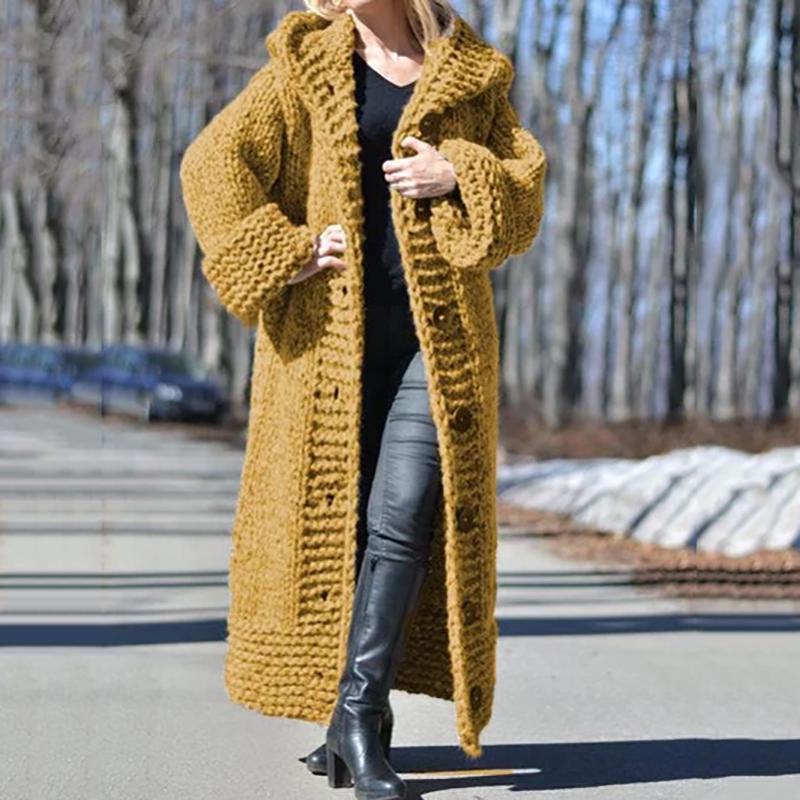 Simple Women Hooded Solid Color Long Cardigan