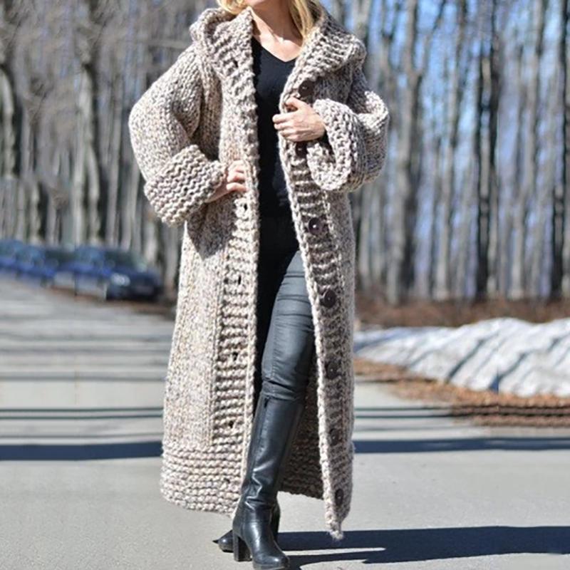 Simple Women Hooded Solid Color Long Cardigan
