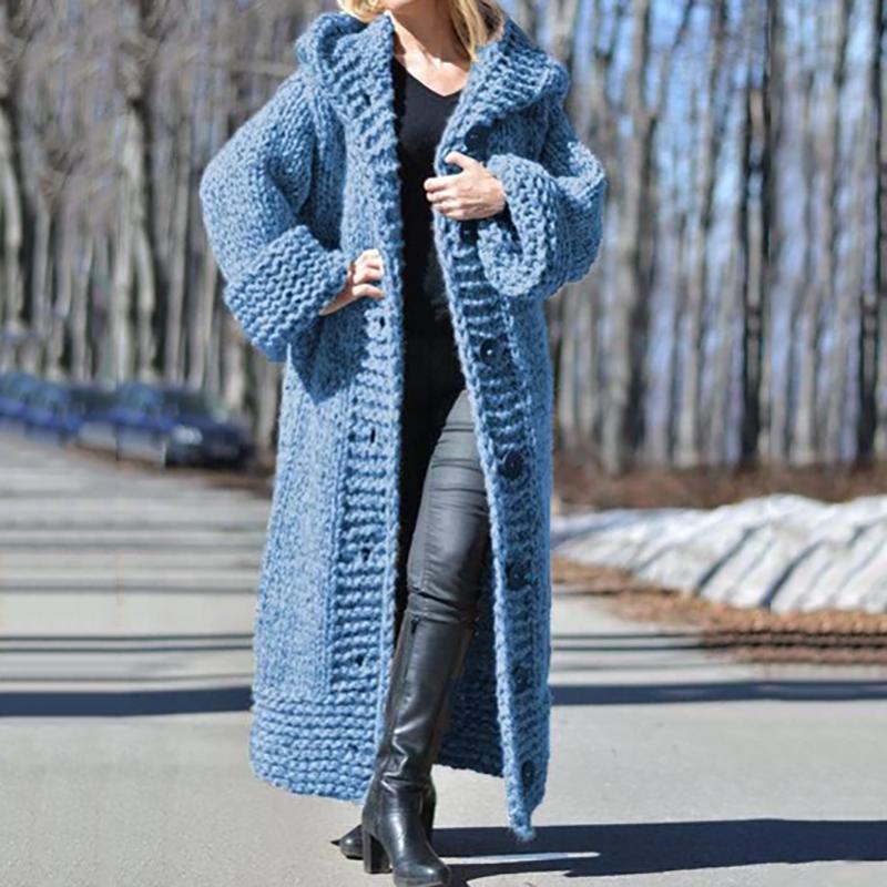 Simple Women Hooded Solid Color Long Cardigan