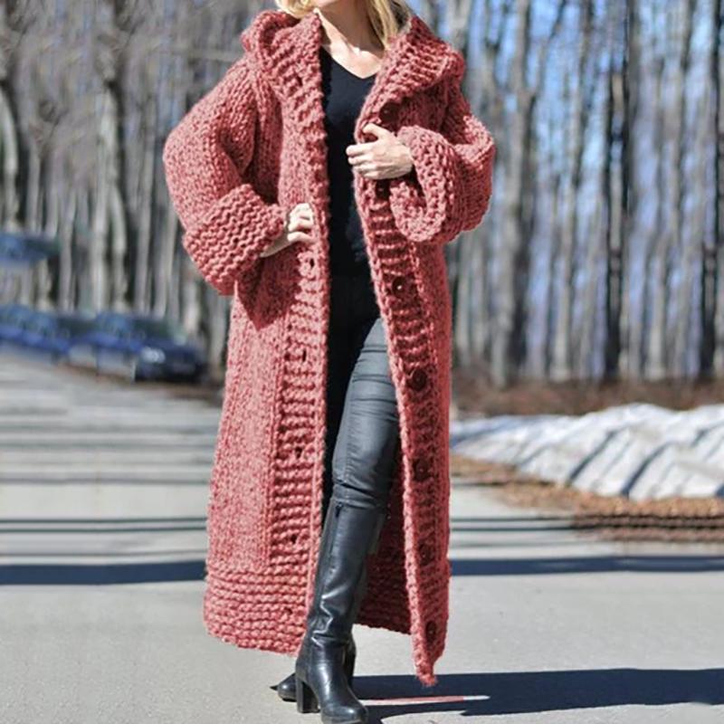 Simple Women Hooded Solid Color Long Cardigan