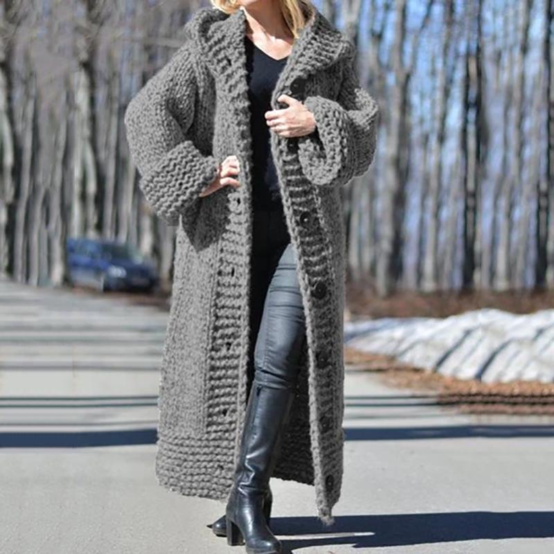 Simple Women Hooded Solid Color Long Cardigan
