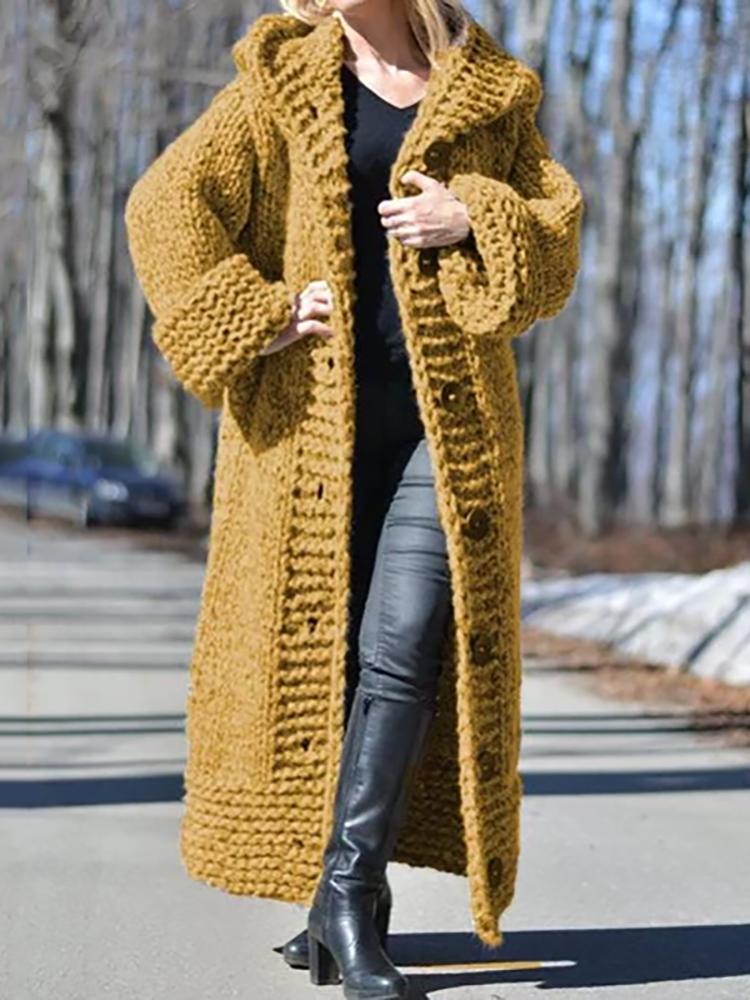 Simple Women Hooded Solid Color Long Cardigan