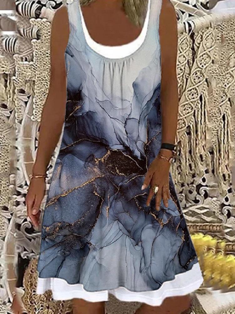 Round Neck Print Stitching Shift Dress