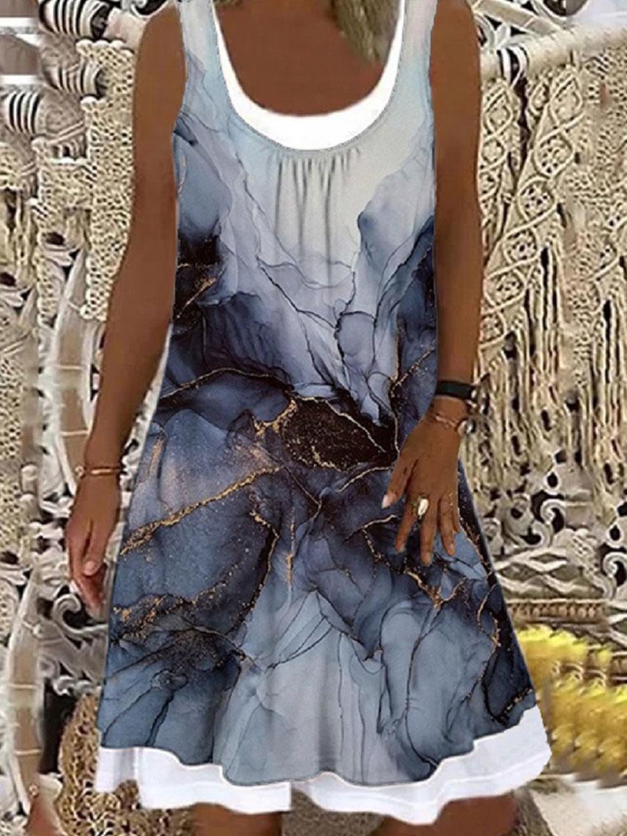 Round Neck Print Stitching Shift Dress