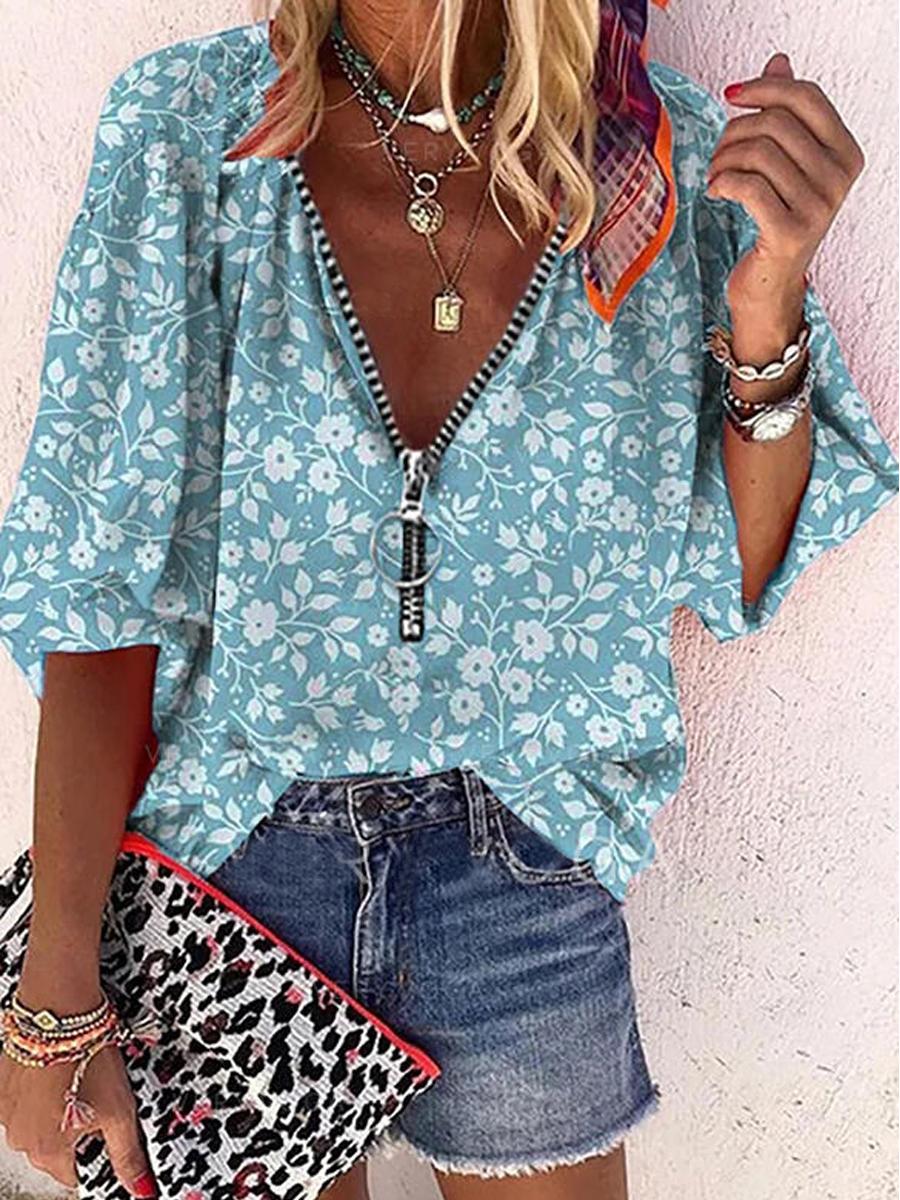 Casual Floral Print Zipper V-neck T-shirt