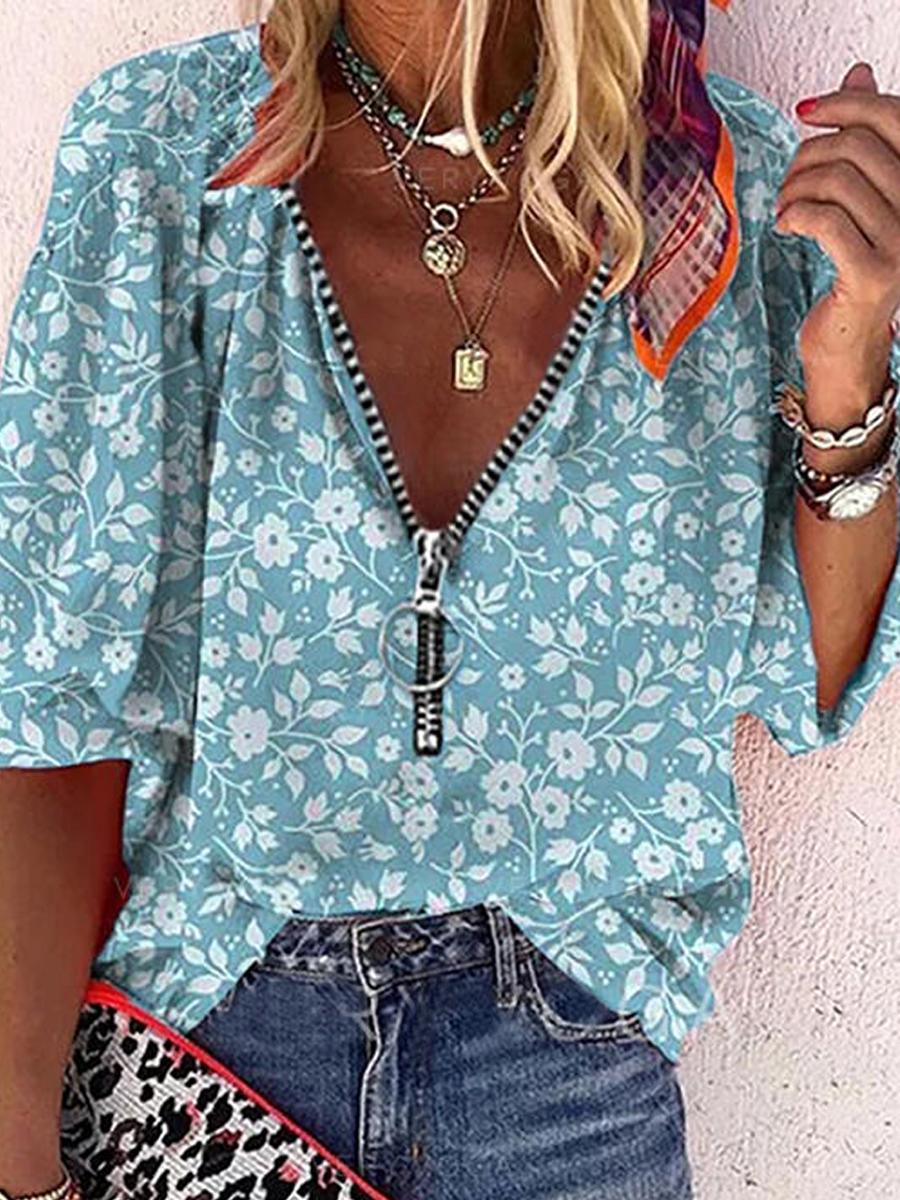 Casual Floral Print Zipper V-neck T-shirt